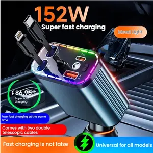 4-In-1 Fast Car Charger with Starry Sky Ambient Light, Universal USB-C PD & Qc 4-Port, Retractable Cable, Travel Mode, 36v or Below