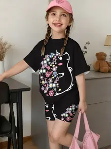 Girls' Fashion Short Pants Set, Cherry Print T-Shirt and Shorts, Cartoon Short Sleeves, Casual Streetwear, Outdoor Gift, Comfortable Fit