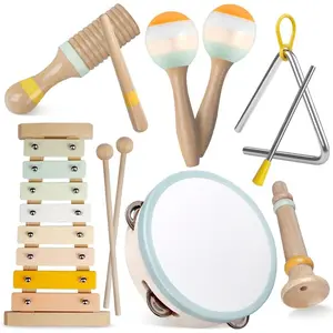 Montessori Wooden Toys for Toddlers 1-3,Neutral Colors Percussion Instruments Set with Modern Boho Xylophone for Kids Preschool Educational 3+