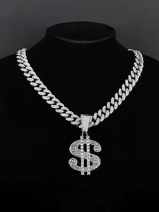 Elegant zircon-encrusted dollar sign Pendant Necklace, Copper Chain Design, Cuban Link Chain, Metal Coated Jewelry, Perfect Gift for Special Occasions & Daily Wear