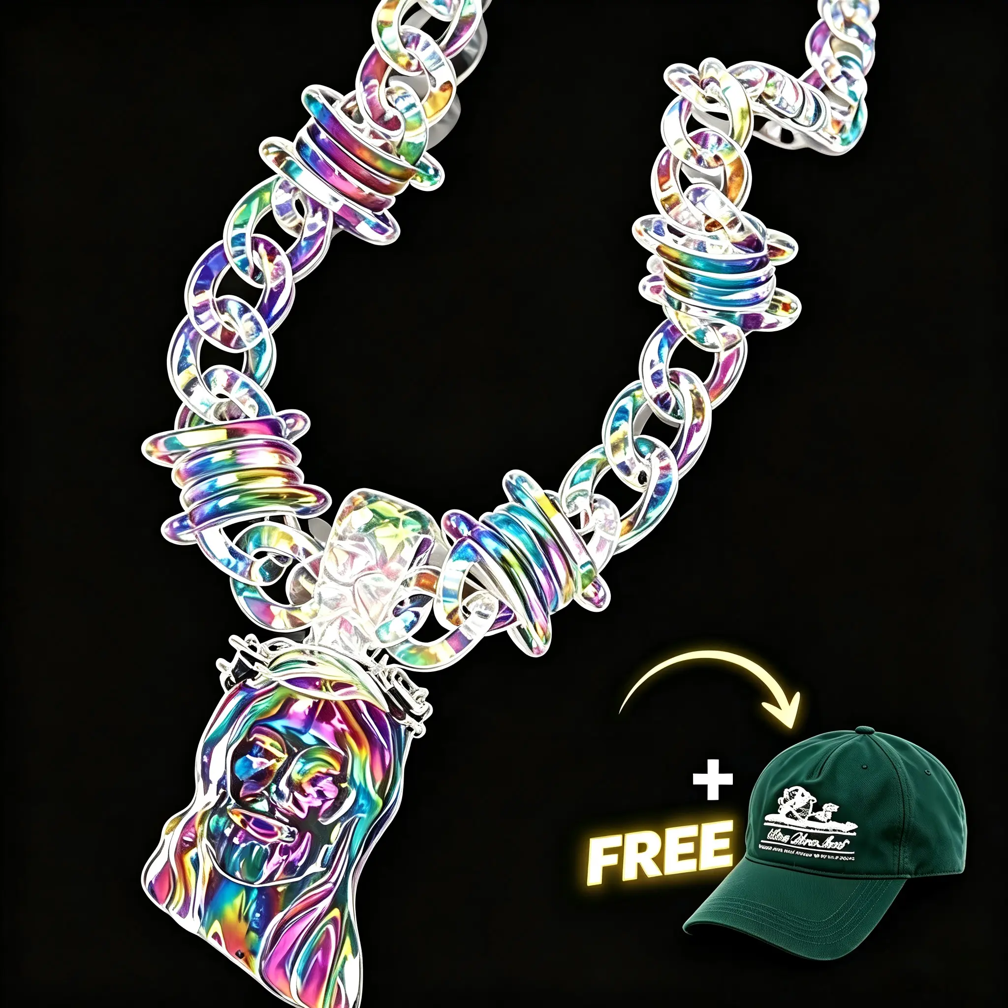 Cross Pendant Necklace, Hip Hop Iridescent Acrylic Jewelry for Women & Men, 20-24 Inch Long Chain with 3-Chain Accent, Accessories for Daily Wear, Birthday +Cap Gift, Accessories For Women, Iris Chain