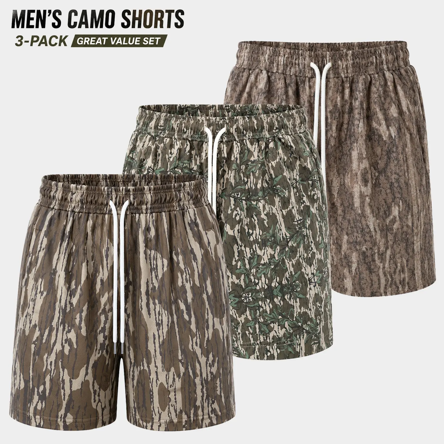 Men’s Hunting Camo Shorts - 5” Inseam, Quick Dry, Soft Activewear, Breathable Printed, Athletic Cut, Sporty - 1 Pack or 3 Pack Options, Athletic Cut Shorts, Breathable Printed Shorts Fitness Workout Shorts Athletic Training Shorts