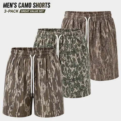 Men’s Hunting Camo Athletic Training Shorts - 5” Inseam, Quick-Dry, Soft Fitted, Breathable Printed, Athletic Cut Activewear - 1 or 3 Pack Options, Universal All-Seasons Casual Fitness Workout Shorts for Gym, Outdoor Activities