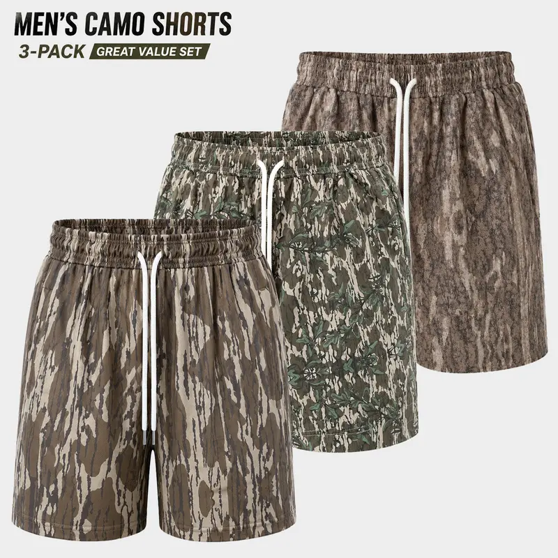 Men’s Hunting Camo Athletic Training Shorts - 5” Inseam, Quick-Dry, Soft Fitted, Breathable Printed, Athletic Cut Activewear - 1 or 3 Pack Options, Universal All-Seasons Casual Fitness Workout Shorts for Gym, Outdoor Activities