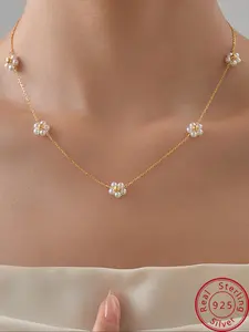 1 Elegant And Versatile S925 Sterling Silver Faux Pearls Flower Necklace For Women For Friends Daily Commuting Accessory Or Holiday Gift