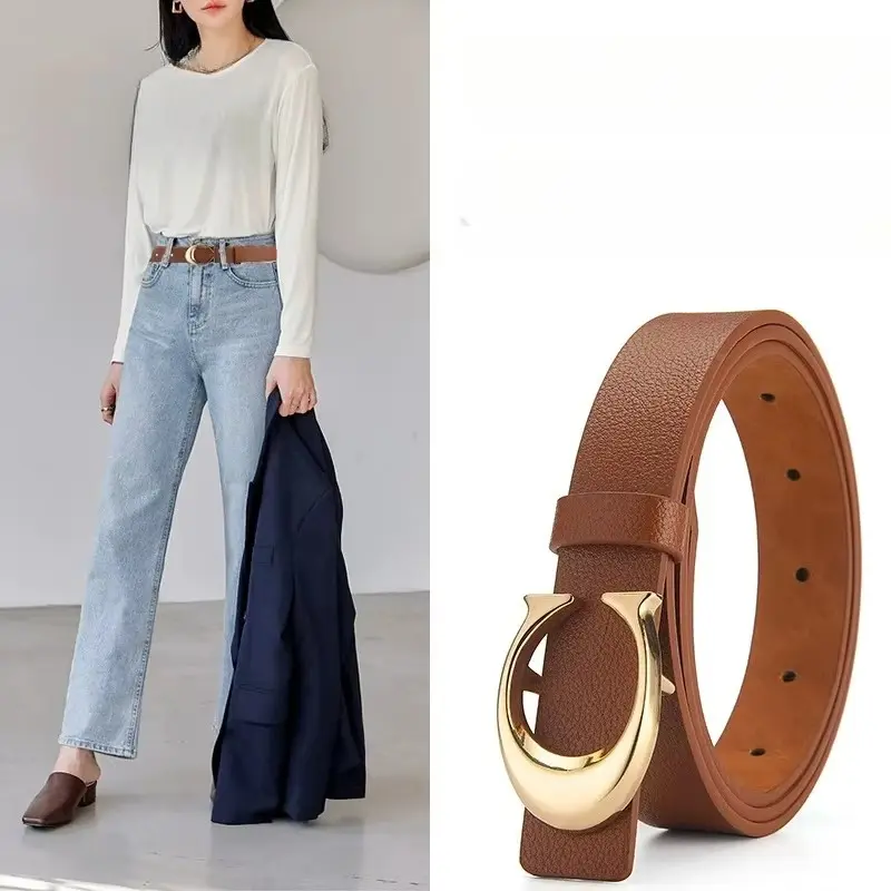 Women's 2023 Trendy Thin Leather Belts with Fashionable Metal Buckle, Multi Color, Home Decor Hanging Accessory, Gold Buckle Adds Sparkle, Practical and Stylish Gifting Option for Daily Jeans Decoration, Moderate Width For Stylistic Purposes