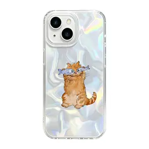 Funny Orange Tabby Cat Fish Sunglasses Design Phone Case, [1PCS] Shiny Holographic Wavy Texture Shockproof Case for iPhone Series
