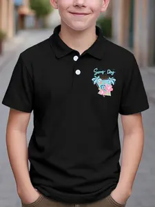 Boys Summer Fashion Creative Beach Tree Flower Print Polo Shirt Short Sleeve, Casual Versatile Sport Base Layer, Medium to Large Kids