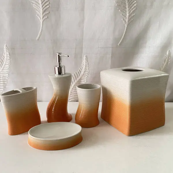 Watson Modern 5-Piece Ceramic Bathroom Accessory Set, Peach-Orange and White Gradient Design, Includes Soap Box, Toothbrush Holder for Home Bathroom Use