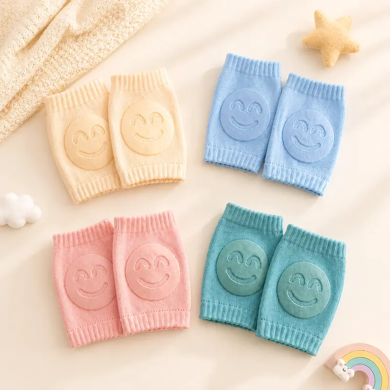 Baby 4-Piece Non-Slip Knee Pads Set, Soft Knit Crawling Knee Protectors for Infants, Thick Cushioned Baby Knee Pads with Smiley Grip, Stretchy Breathable Fit for Crawling, Playing & Daily Use