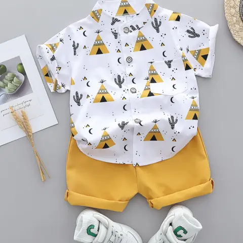 Baby Toddler Summer Full-Print Pyramid Cartoon Shirt and Shorts Set, Beach-Style Casual Two-Piece Outdoor Play Outfit Clothing Gift Sets Essentials Set