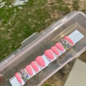 White French Tips Luxury Bling Press On Nails Gel High Gloss  Sizing pics attached, pls send your own sizing pics for most accurate nail fit.