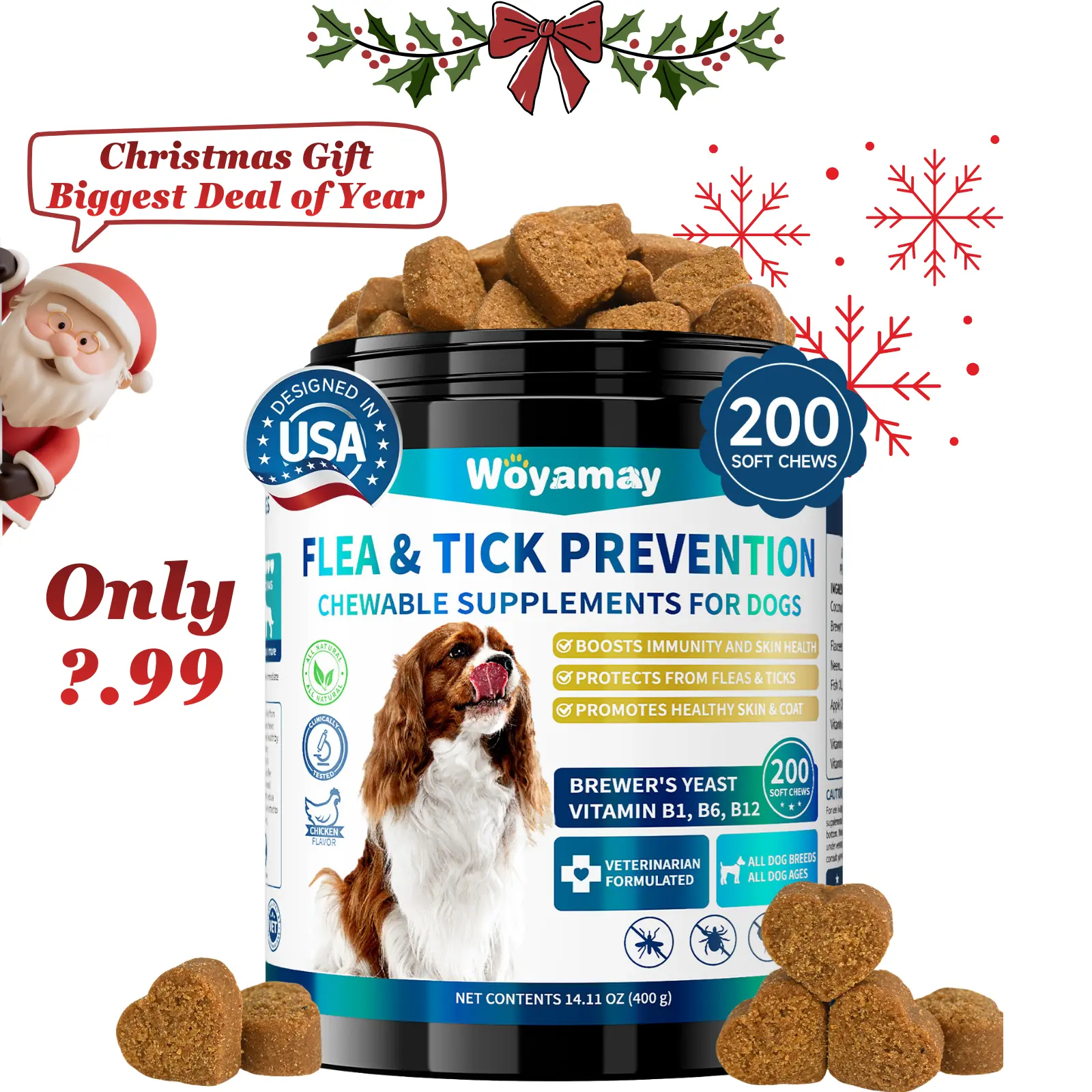 【Holiday haul】Woyamay Flea & Tick Prevention Chews for Dogs – 200 Cts Nutritional Supplement, Plant-Based Chicken Flavor with Probiotics, Coconut Oil, Omega-3 & Fish Oil – For All Breeds and Ages