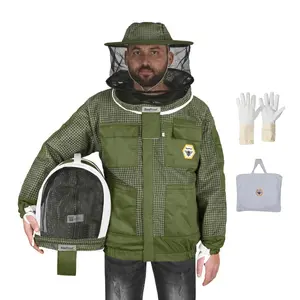 BP-302 Beekeeping with Veil 3 Layer Ultra Ventilated with YKK Zippers & Safety Fencing for Professional (Green Round Veil, XX-Large)