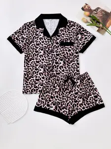 Women's Leopard Print Button-Up Shirt & Elastic Waist Shorts Pajama Set, Casual Comfortable Summer Sleepwear, Ladies Two-Piece Loungewear