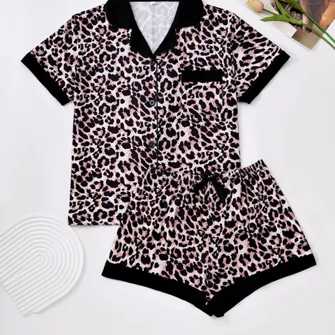 Women's Leopard Print Button-Up Shirt & Elastic Waist Shorts Pajama Set, Casual Comfortable Summer Sleepwear, Ladies Two-Piece Loungewear, Loungewear Sets