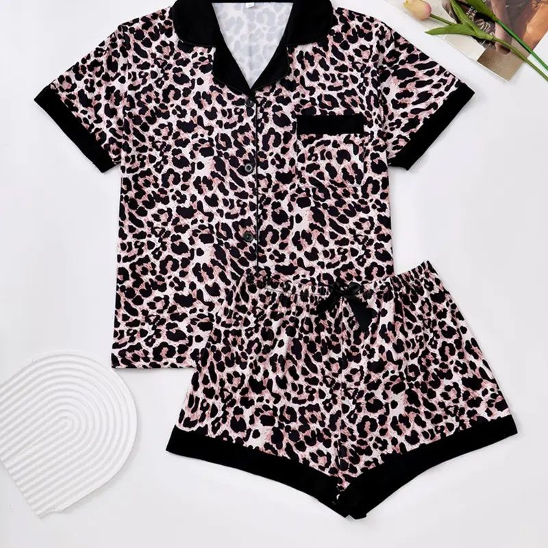 Women's Leopard Print Button-Up Shirt & Elastic Waist Shorts Pajama Set, Casual Comfortable Summer Sleepwear, Ladies Two-Piece Loungewear, Loungewear Sets