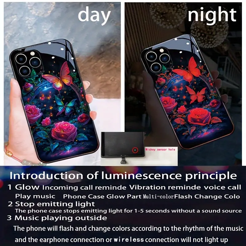 Glow-in-the-Dark Butterfly Rose Colorful Smart Light-Up Phone Case ...