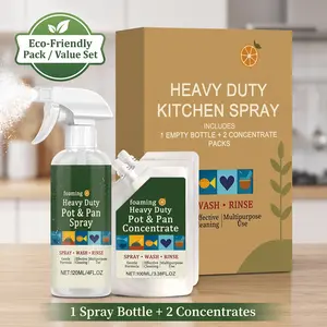 Heavy Duty Kitchen Cleaner Spray Set | Eco-Friendly Foaming Degreaser for Pot, Pan, and Stove | 1 Spray Bottle(Empty bottle) + 2 Concentrate Refills | Gentle Formula Orange Scent