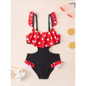 Girls Swimsuit Fashion Red Polka Dot Shoulder Bow Ruffle One-piece Swimsuit Girls Baby Swimsuit New Seaside Vacation