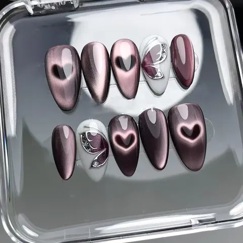 Gradient Cat Eye Press on Nails with, 24pcs 3D Heart and Butterfly Design Glitter Decorative Nails Fashion Wearable Nail Art Stick On Nails, Perfect for Daily Use, Nail Art Supplies