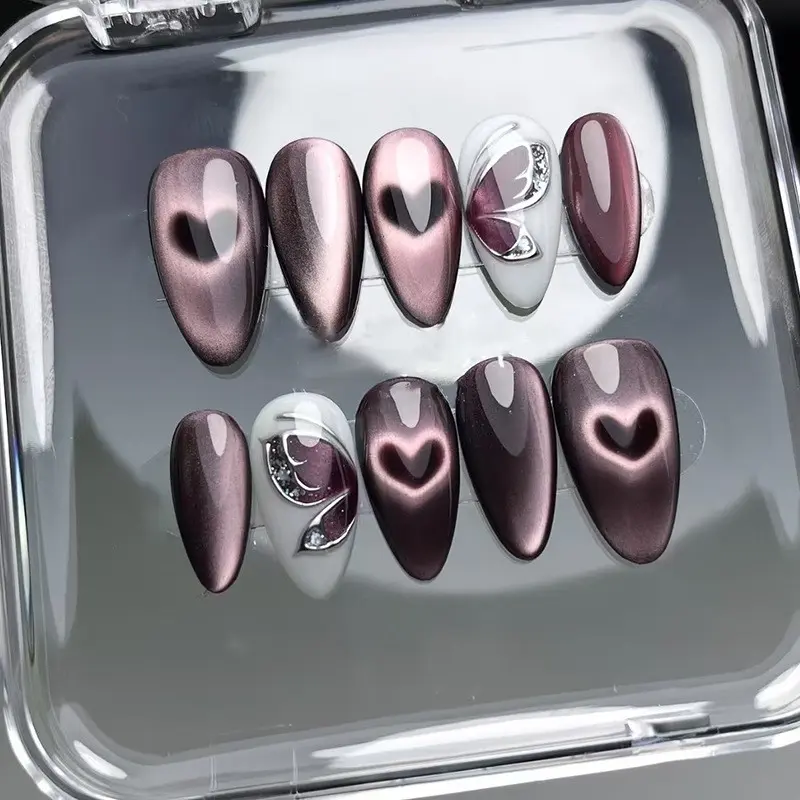 Gradient Cat Eye Press on Nails with, 24pcs 3D Heart and Butterfly Design Glitter Decorative Nails Fashion Wearable Nail Art Stick On Nails, Perfect for Daily Use, Nail Art Supplies