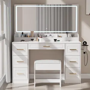 Vanity Desk with Mirror and LED Lights, 43'' W Makeup Vanity Desk with Power Outlet, 3 Color Modes, 7 Drawers Vanity Table with Chair, Dressing Table for Bedroom, Dressing Room (White)