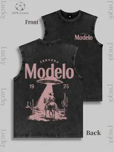 American Western style retro sci-fi UFO/CERVEZA Modelo beer themed vest, "Cowboy Meets Alien" retro mix and match fun outfit, Western atmosphere elements cactus, desert, fence American retro Western style essential outfit
