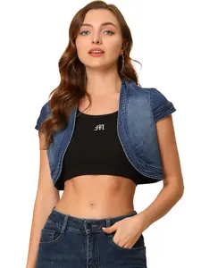 INSPIRE CHIC Casual Crop Denim Cardigan Cap Sleeve Jean Jacket Shrug