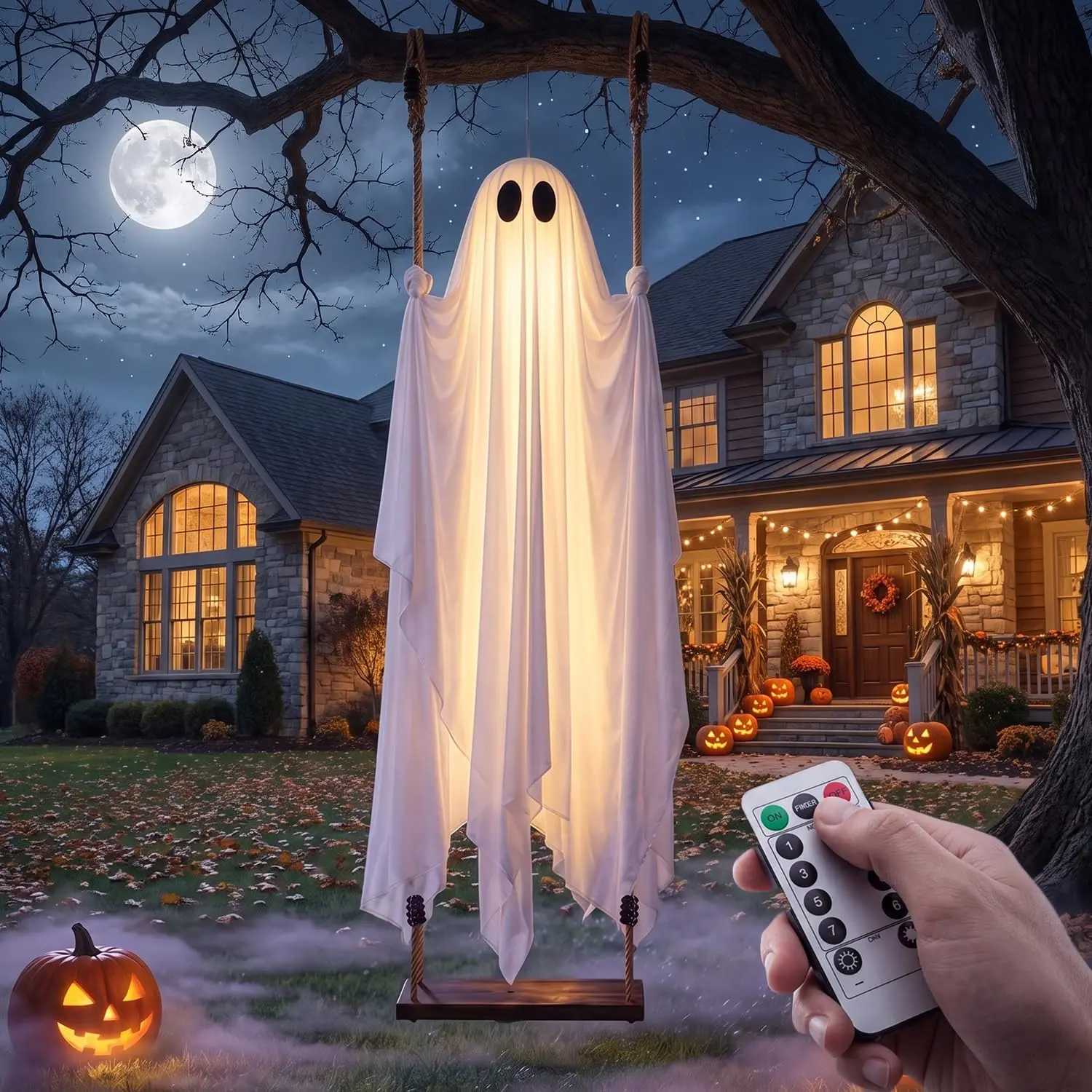 Halloween Hanging Ghost - 5FT Large Swinging Ghost Fabric Decoration with Wooden Base - for Outdoor Yard, Front Porch & Tree Hanging - Spooky Holiday Gift for Neighbors, Friends & Family