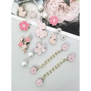16pcs Cherry Blossom Shoe Charms, Pink Flower Chains & Faux Pearls Removable Clog Decorations