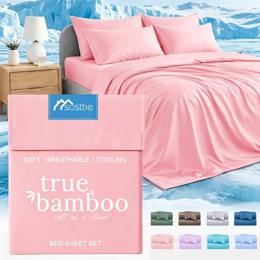 MUXHOMO 3/4pcs Bamboo Cooling Bed Sheets - Deep Pocket Hotel-Grade Bedding for Room Decor, Ultra-Soft And Breathable for Hot Sleepers, Wrinkle-Resistant And Moisture-Wicking Bamboo Fabric Sheet Set, Double-Stitched Machine Washable Sheets
