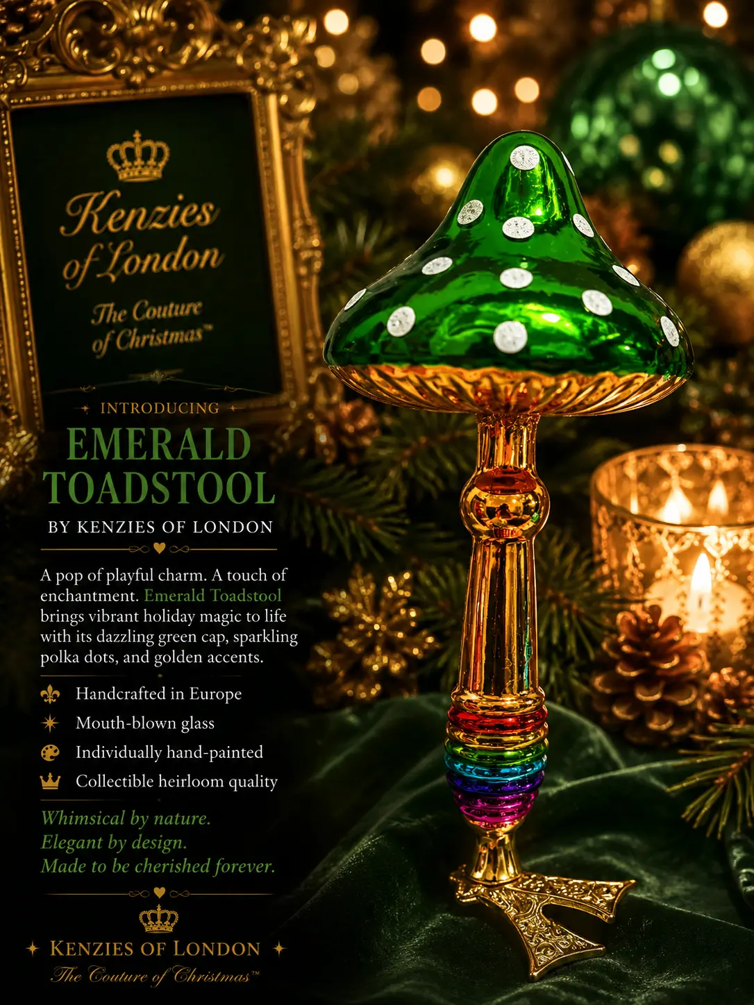 EMERALD POLKA DOT TOADSTOOL CLIP ORNAMENT