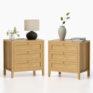 EYYTHUNG Large Nightstand Set of 2 with 3 Drawers, Farmhouse Bedside End Table with Charging Station, Modern Wood Night Stand for Sofa, Bedroom, Natural Oak