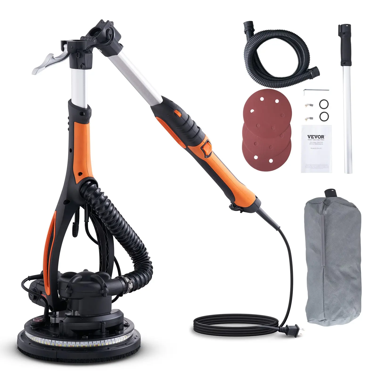 VEVOR Electric Drywall Sander 900W, Self-Suction & Variable Speed 800-1800 RPM, Foldable Handle & Self-Suction, with LED Strip Light and Vacuum Bag Po