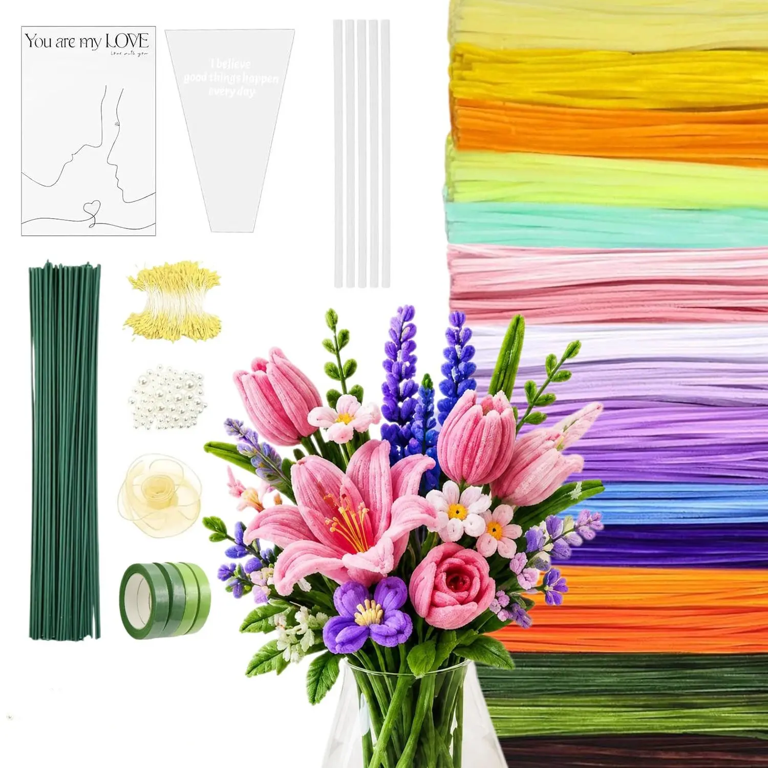 Thick Pipe Cleaners Craft Kit, Bulk Multicolor Chenille Stems with Floral Wires, Gardening Tape, Stamens & Ribbon – Art Supplies for DIY Jewelry Making, Home Decorations, Valentine's Day, Mother's Day
