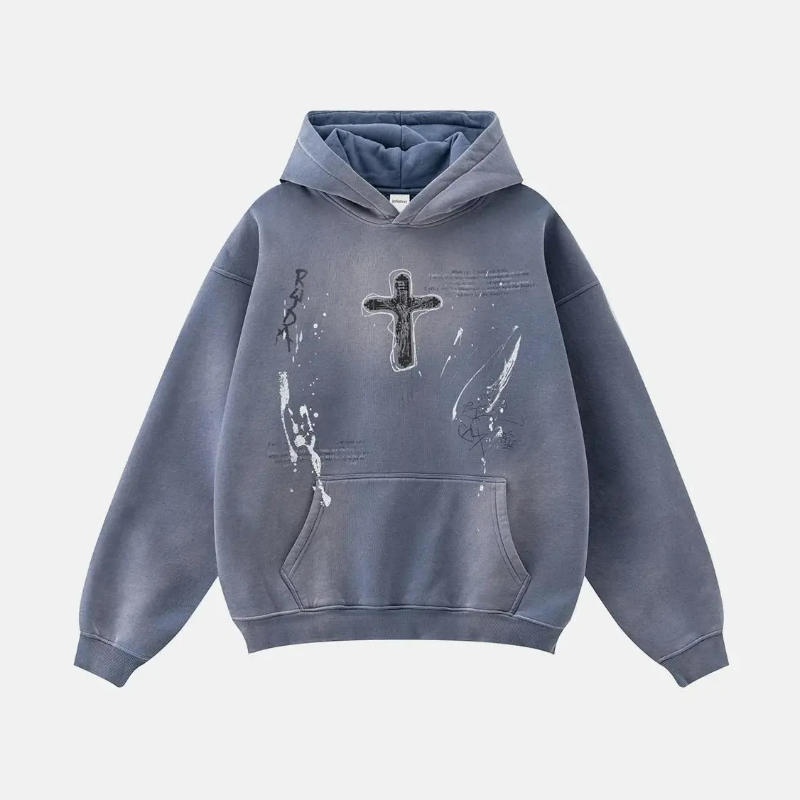 inflation Men's Loose-Fit Retro Drawstring Hoodie | Casual Streetwear Pullover with Graffiti Cross Graphic, Casual Drawstring Hooded