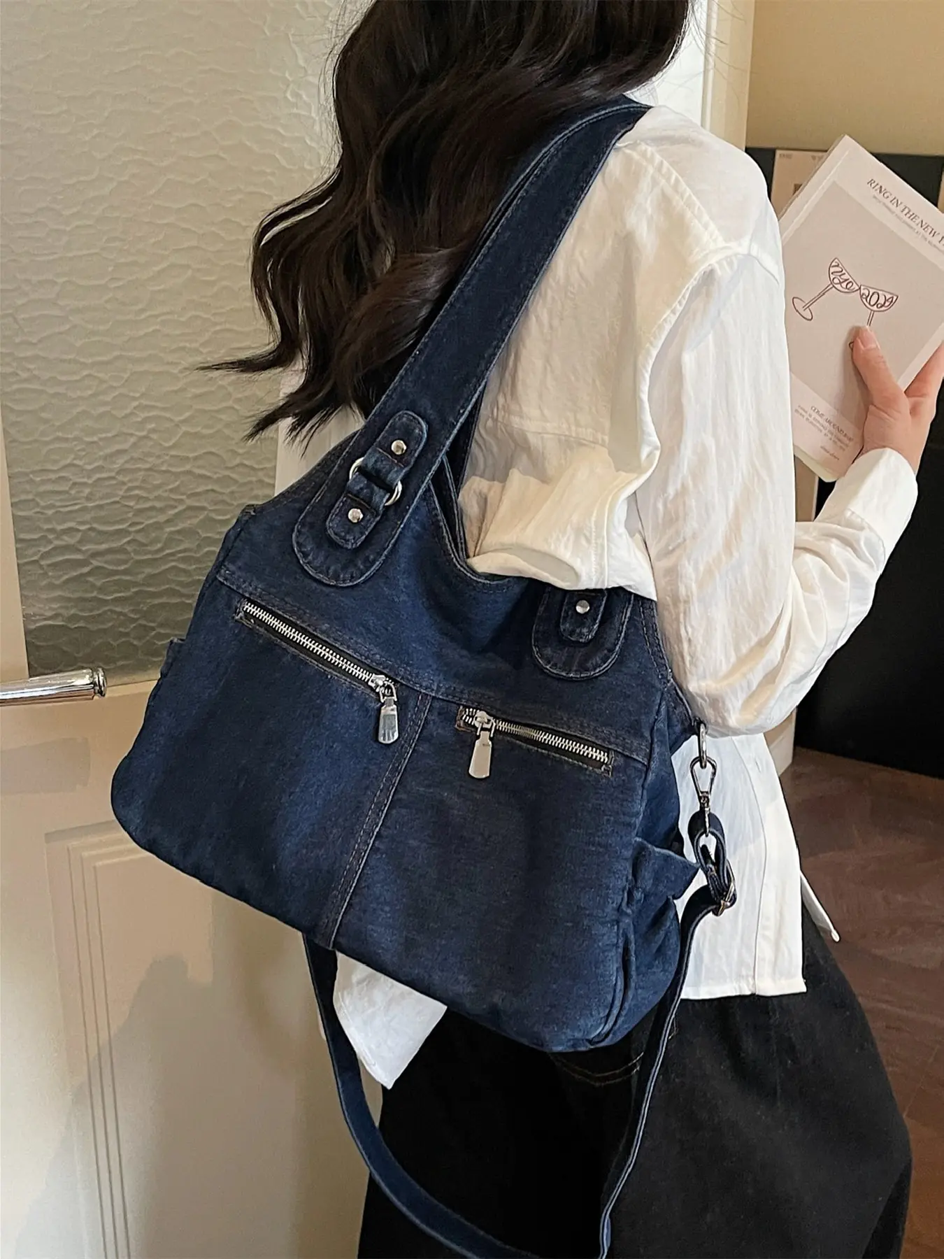 New Korean Retro Washed Denim Tote Bag for Women, Large Capacity Shoulder Bag, Multi-Color Options, Crossbody & Underarm Use, Student Commute Bag