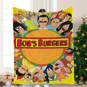 Bob Hamburger Cartoon Print Plush Blanket - Soft and Warm Flannel Shawl - Suitable for Bed, Sofa, Office, Travel, All-Season Comfort - Perfect Gift