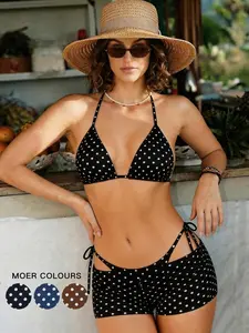 Women's Black & White Polka Dot Halter Neck Bikini Set - 3-Piece Swimwear with Mix-and-Match Bottoms, Perfect for Retro Summer Beach Vacations & Pool Days