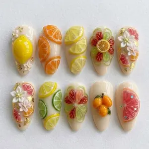 Juicy Citrus Summer Press On Nails Cute 3D Lemon Orange Lime False Nails Whimsical Fruit Tart Flower Gold