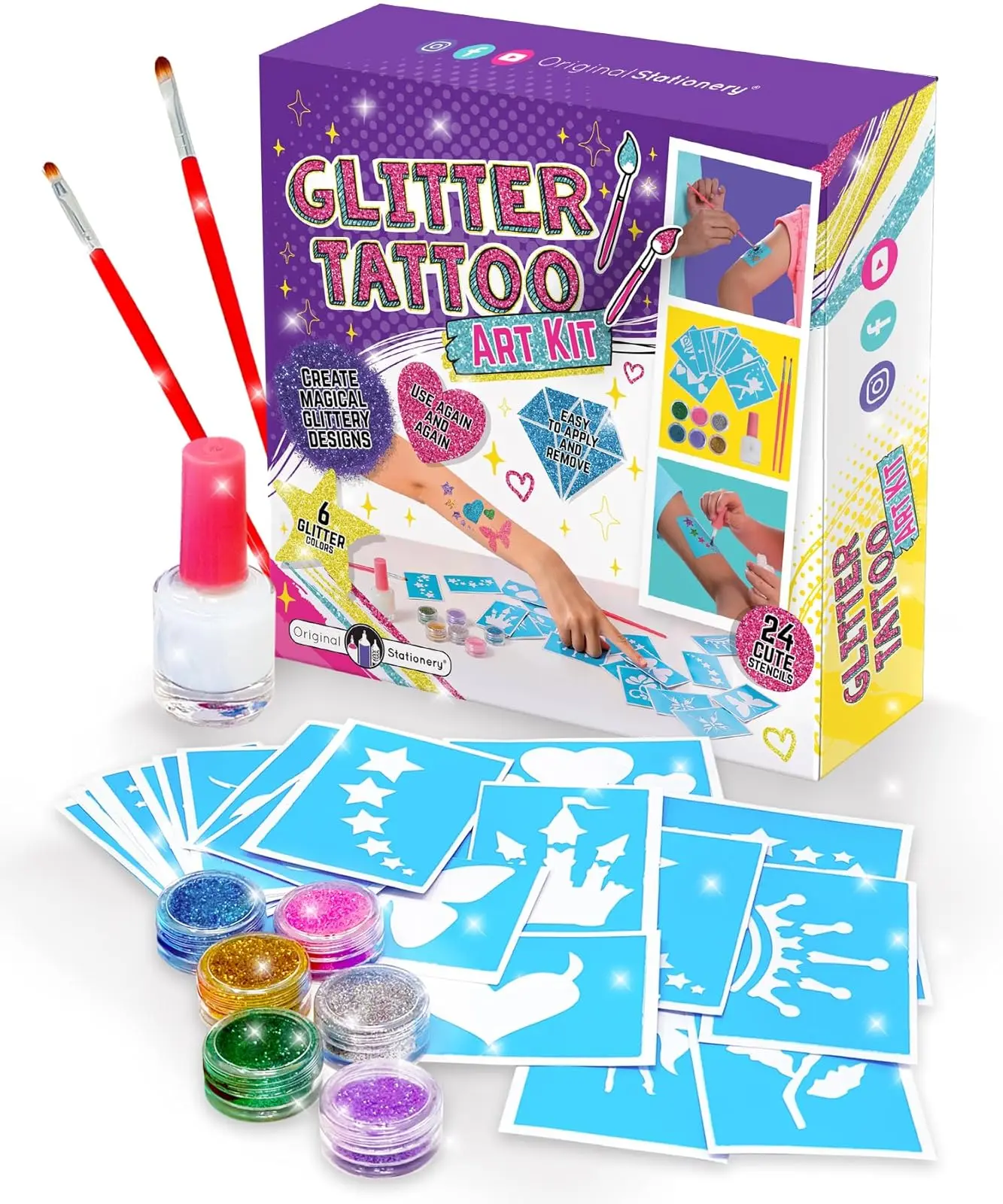 Glitter Tattoo Kit - 33-Piece Multicolor Set, Ages 3-8, 24 Stencils, 6 Color Pots, 2 Brushes & Adhesive - Glitter Tattoos for Kids & Sleepover Valentines Day Party Supplies,Happy Mothers Day