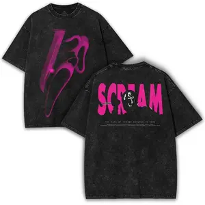 Scream Oversized Vintage Washed Tee – Pink Neon Horror Graphic Ghostface Double Printed Shirt | Retro Slasher Streetwear Collector