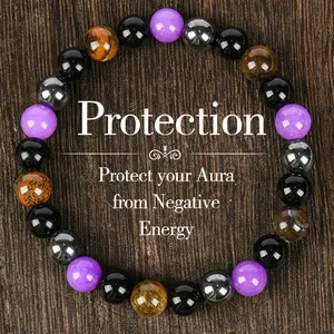 Petralune One natural tiger’s eye and amethyst beaded bracelet; elastic protective crystal bracelet; unisex; unscented, solid-color jewelry gift