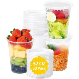 50 Set 32 Oz Deli Containers with Airtight Lids Plastic Food Storage Freezer Safe for Meal Prep Leftovers
