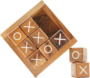 XOXO Triplets Block Wooden Tic Tac Toe Game for Kids and Adults - Rustic Table & Desk Decor, 3.7 Inch, Perfect Gift for Any Occasion
