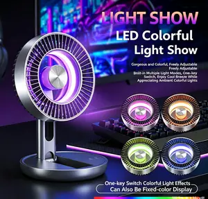Summer high-speed hovering mini fan with colorful LED lights, USB rechargeable; can stand on a table, wall mount, or fold for easy storage. Turbine airflow—great party gift for fathers and mothers, also suitable as a school gift. Ideal for outdoor areas,