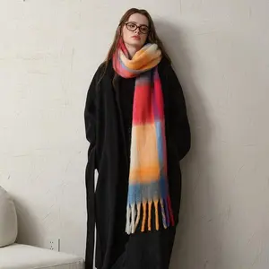 Fashion Classic Imitation Cashmere Plaid Shawl Women Korea Style Soft Thick Warm Female Scarf Fall Winter Rainbow Mohair Muffler(Sheets)
