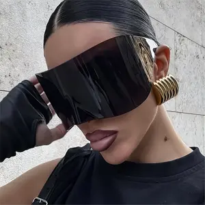 Women's Oversized Cyberpunk Fashion Glasses - Retro-Futuristic Tech Style with Sleek Black Frames & Golden Accents, Lightweight Plastic Fashion Accessories for Bold Statement Looks, Statement Eyewear, Minimalist Design, Glossy Finish