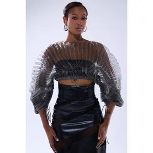SHEER PLEATED CROP TOP IN GREY